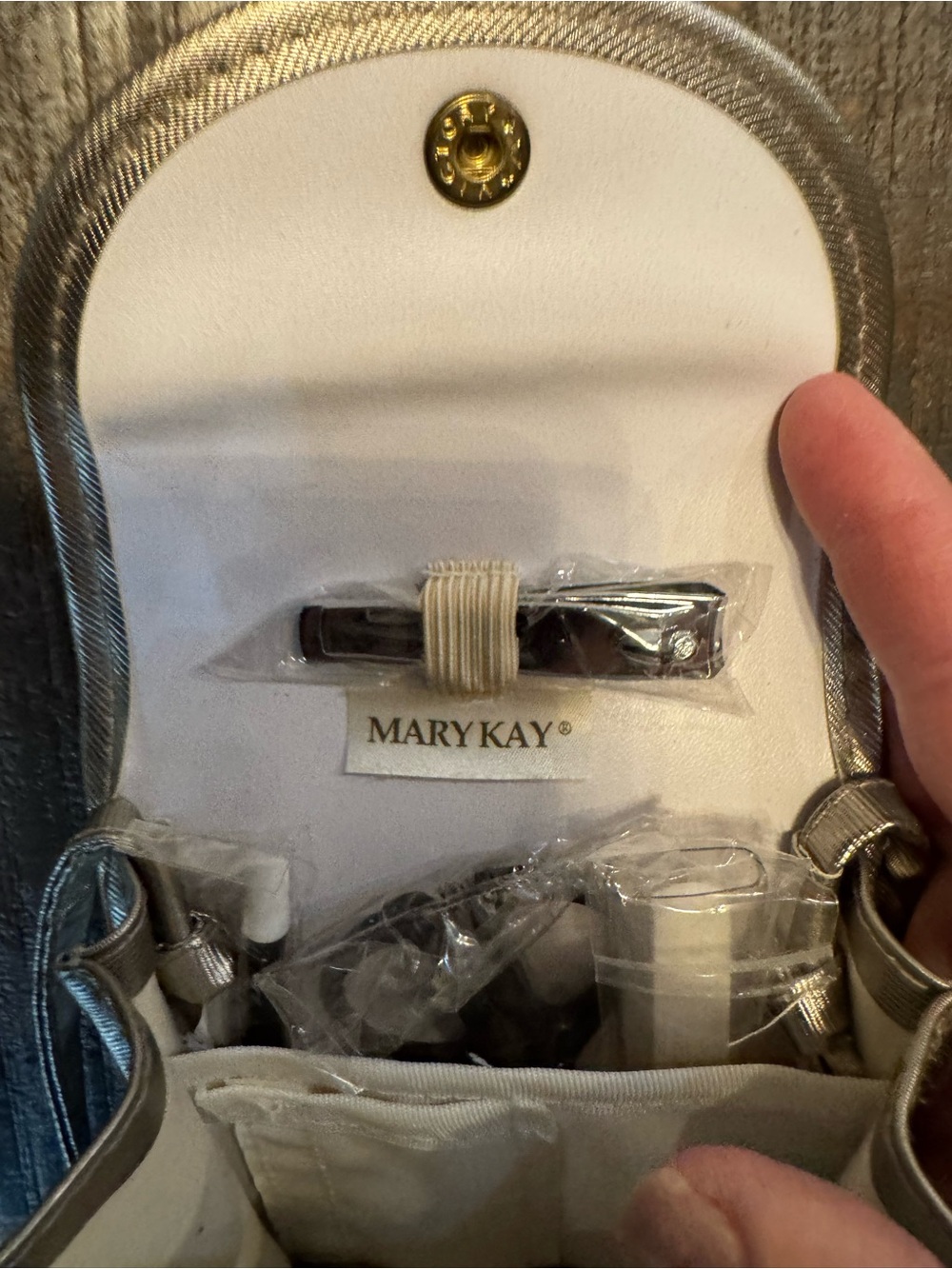 This is a vintage Mary Kay metallic gold manicure and pedicure travel kit Purse